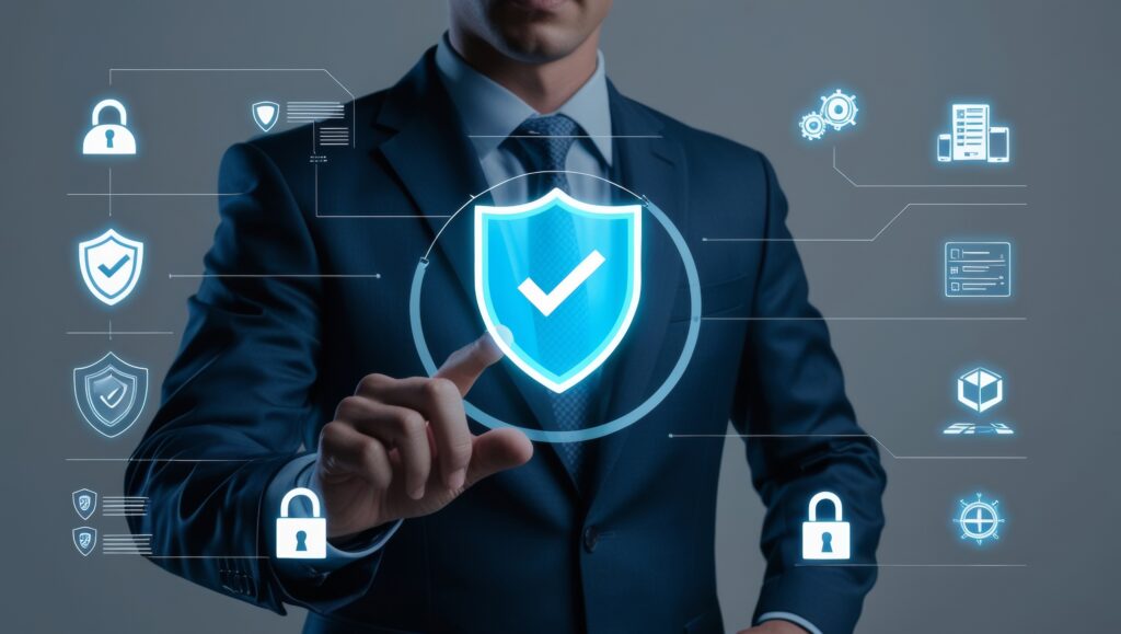 Homem de terno toca um ícone de escudo com check azul cercado por símbolos digitais de segurança.