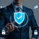 Homem de terno toca um ícone de escudo com check azul cercado por símbolos digitais de segurança.