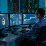 Homem em frente a cinco monitores exibindo códigos e gráfico, com cadeado em tela indicando segurança digital.