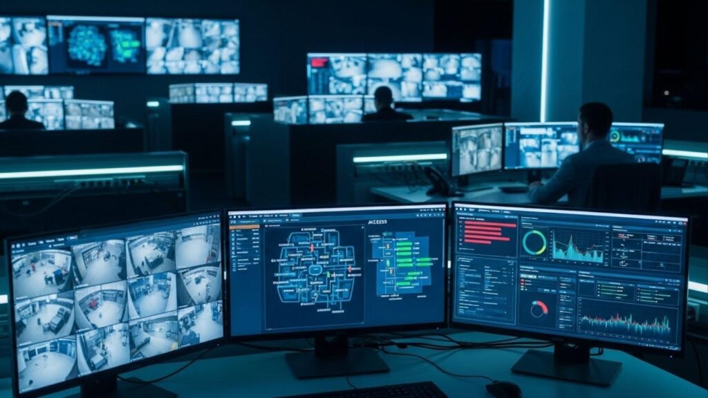 Sala de vigilância corporativa com múltiplos monitores exibindo câmeras, dashboards e gráficos, representando gestão centralizada de riscos e monitoramento em segurança corporativa.