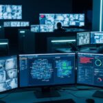 Sala de vigilância corporativa com múltiplos monitores exibindo câmeras, dashboards e gráficos, representando gestão centralizada de riscos e monitoramento em segurança corporativa.