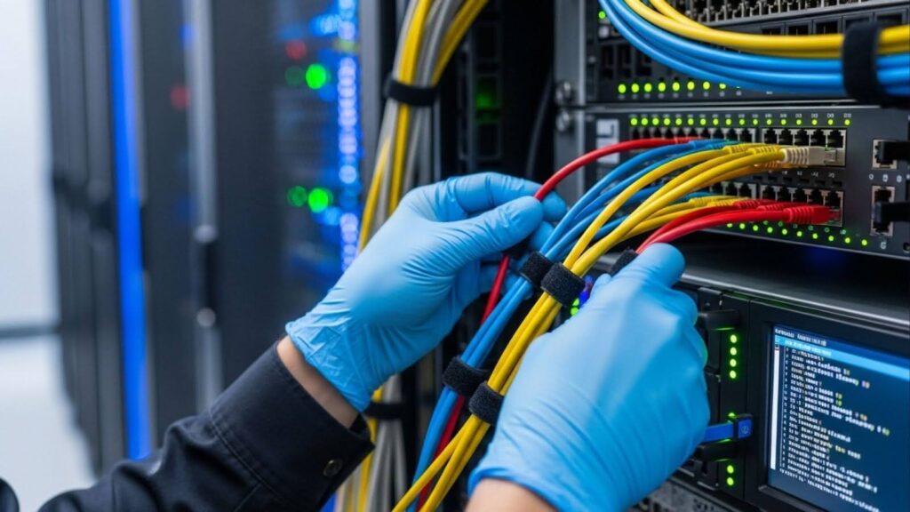 Técnico conectando cabos de rede em servidores dentro de um data center, simbolizando manutenção e infraestrutura crítica de TI para segurança corporativa.