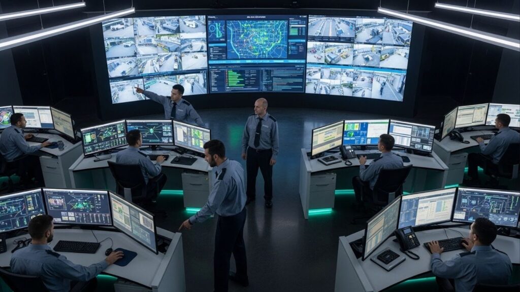 Centro de monitoramento com vários operadores observando dezenas de telas exibindo câmeras e mapas em tempo real, demonstrando operações integradas de segurança corporativa.