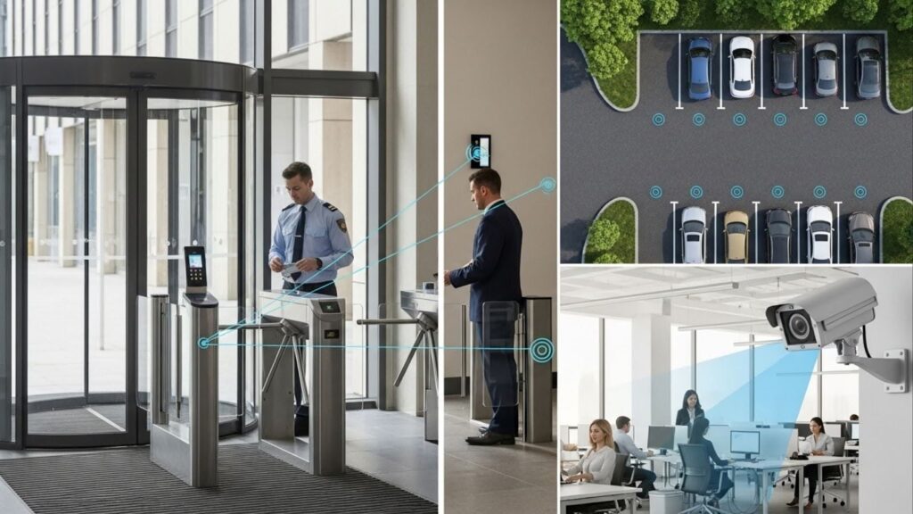 Sistema de controle de acesso corporativo com vigilante, catracas inteligentes, reconhecimento facial, monitoramento de estacionamento e câmeras internas, ilustrando infraestrutura completa de segurança corporativa.