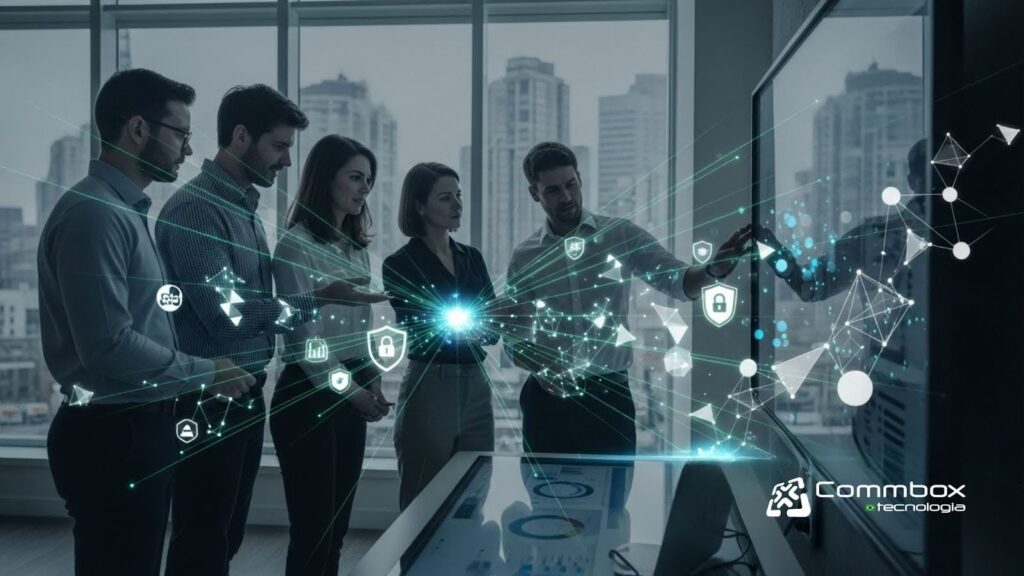 Equipe de profissionais analisando dados digitais em um ambiente corporativo moderno, com gráficos e ícones tecnológicos projetados no ar, representando soluções avançadas de segurança corporativa.