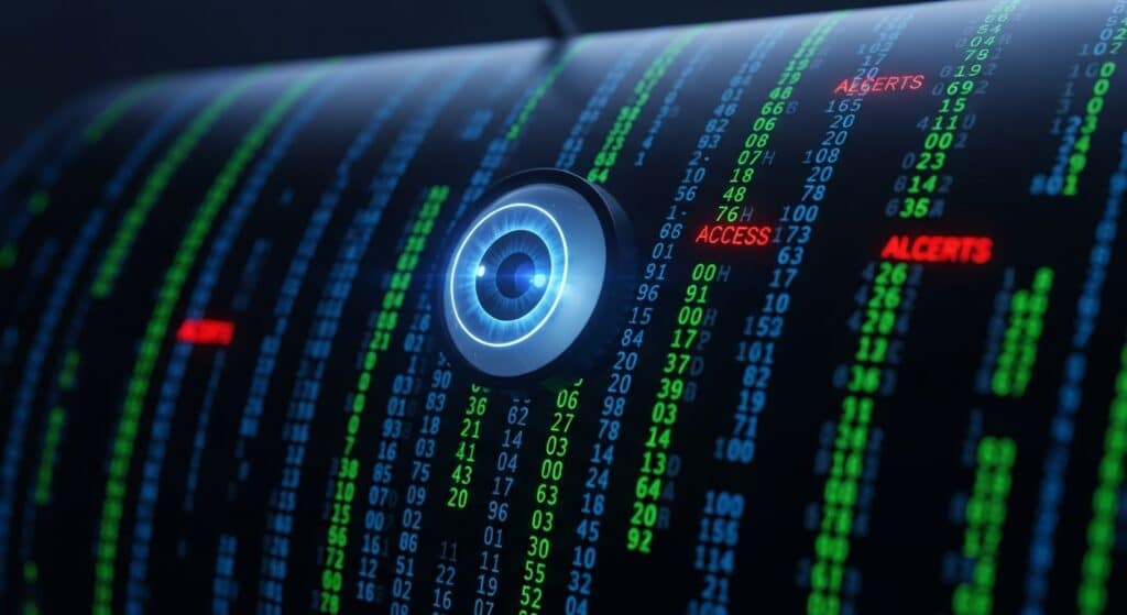 Interface digital com fundo escuro exibindo códigos em verde, azul e vermelho em colunas. Um olho digital no centro transmite a ideia de vigilância. Palavras como “ACCESS” e “ALERTS” aparecem em vermelho entre os números, sugerindo monitoramento e detecção de acessos ou eventos críticos.