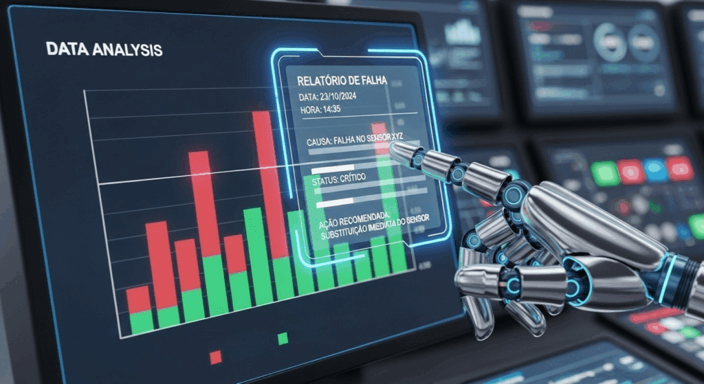 Mão robótica apontando para um painel de análise de dados com gráficos de barras em vermelho e verde. Um relatório flutuante exibe: “RELATÓRIO DE FALHA – DATA: 23/10/2024 – HORA: 14:35 – CAUSA: FALHA NO SENSOR XYZ – STATUS: CRÍTICO – AÇÃO RECOMENDADA: SUBSTITUIÇÃO IMEDIATA DO SENSOR”.
