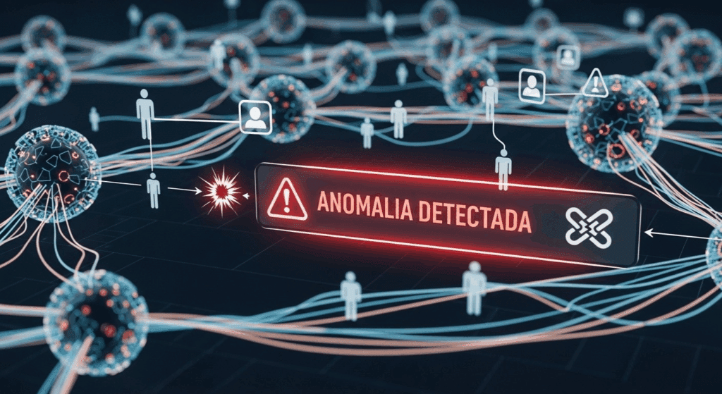Rede de esferas interconectadas por fios azul e vermelho, representando um sistema digital. Ícones de pessoas conectadas sugerem um fluxo de dados entre usuários. No centro, um alerta em vermelho com o texto “Anomalia Detectada” indica uma falha ou comportamento suspeito na rede.