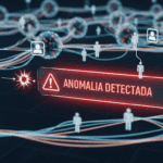 Rede de esferas interconectadas por fios azul e vermelho, representando um sistema digital. Ícones de pessoas conectadas sugerem um fluxo de dados entre usuários. No centro, um alerta em vermelho com o texto “Anomalia Detectada” indica uma falha ou comportamento suspeito na rede.