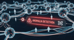 Rede de esferas interconectadas por fios azul e vermelho, representando um sistema digital. Ícones de pessoas conectadas sugerem um fluxo de dados entre usuários. No centro, um alerta em vermelho com o texto “Anomalia Detectada” indica uma falha ou comportamento suspeito na rede.