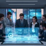 Grupo de executivos reunidos em sala moderna com mesa interativa digital exibindo gráficos, dados e análises de segurança cibernética. O ambiente tecnológico reforça a ideia de decisões baseadas em dados, governança digital e estratégias de compliance em ambientes corporativos de alto nível.