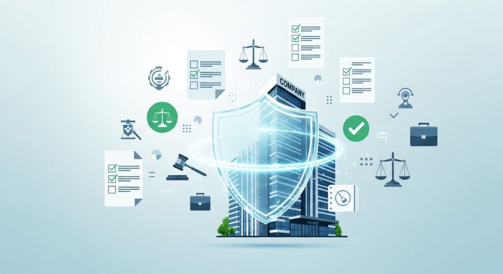 Ilustração conceitual de prédio empresarial envolto por escudo digital e ícones jurídicos e de conformidade. Elementos como balança da justiça, listas de verificação e martelo judicial sugerem proteção legal, regulamentação corporativa e controle interno eficaz para empresas.