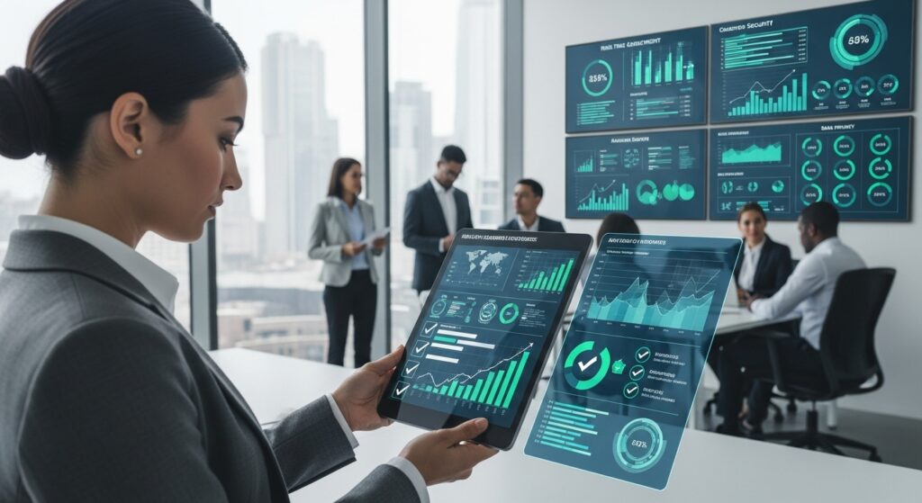 Mulher analisa dashboards com gráficos digitais em tablet, em sala de reunião com equipe ao fundo. As telas exibem dados de desempenho, análise de risco e indicadores de segurança da informação, evidenciando o uso de tecnologia para monitoramento de compliance e tomada de decisões estratégicas.