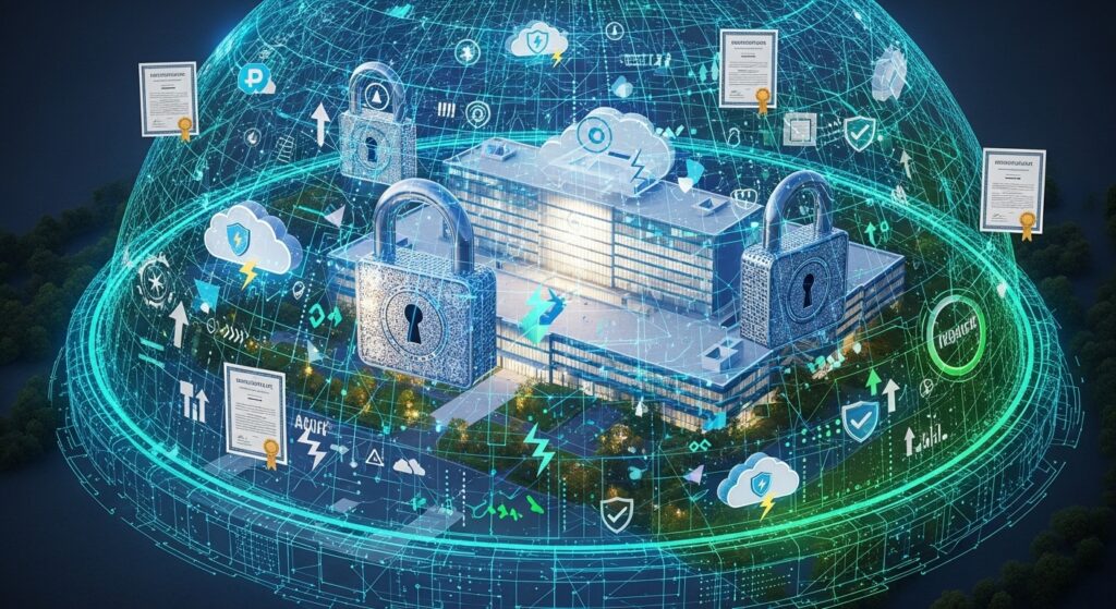 Representação digital de prédio corporativo protegido por cadeados e cúpula tecnológica. Ícones flutuantes mostram certificados, nuvem, escudo e símbolos de segurança cibernética, enfatizando conceitos de proteção de dados, infraestrutura segura e conformidade regulatória no setor empresarial.