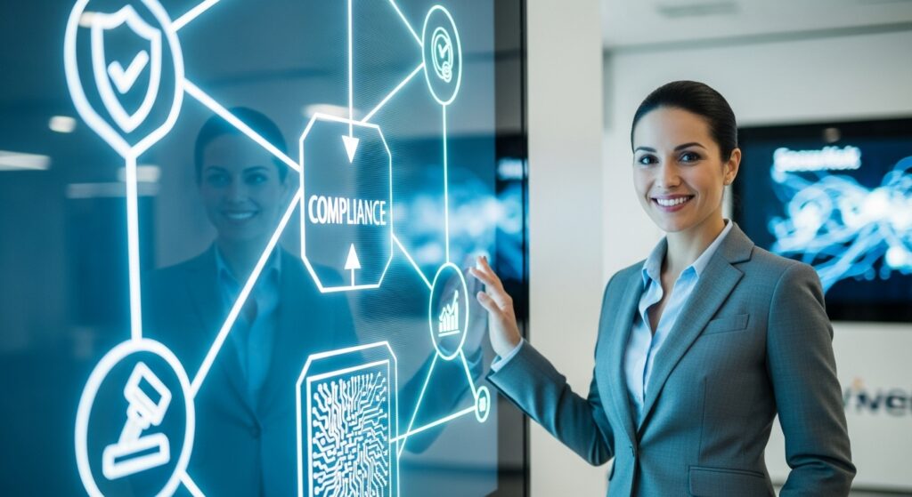 Mulher de negócios interage com tela digital exibindo elementos de conformidade corporativa. A interface futurista apresenta ícones relacionados à segurança, gráficos, impressão digital e o termo "COMPLIANCE" no centro, destacando práticas de governança e proteção de dados em ambiente corporativo.