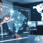 Profissional interagindo com uma tela holográfica, visualizando dados de vários locais em um mapa digital em tempo real. A conexão entre as localizações é representada por linhas de dados, simbolizando um sistema multisite integrado onde é possível controlar, analisar e visualizar informações de diversas partes do mundo de maneira eficiente, utilizando tecnologia avançada de redes e gestão de dados. O logotipo da "Commbox Tecnologia" aparece no canto inferior direito.