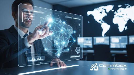 Profissional interagindo com uma tela holográfica, visualizando dados de vários locais em um mapa digital em tempo real. A conexão entre as localizações é representada por linhas de dados, simbolizando um sistema multisite integrado onde é possível controlar, analisar e visualizar informações de diversas partes do mundo de maneira eficiente, utilizando tecnologia avançada de redes e gestão de dados. O logotipo da "Commbox Tecnologia" aparece no canto inferior direito.