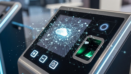 Painel de controle avançado mostrando um sistema de reconhecimento biométrico, com uma interface futurista e animações de dados conectando-se à nuvem. Este dispositivo representa como soluções multisite podem ser usadas em sistemas de controle de acesso e segurança, conectando diferentes pontos de monitoramento para garantir uma resposta rápida e precisa a cada usuário.