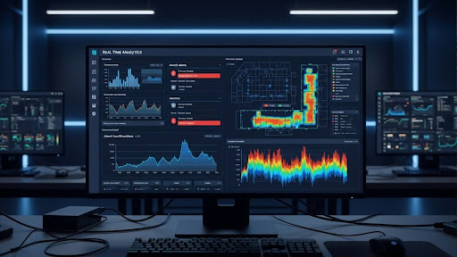 Tela de um monitor mostrando gráficos de dados e análises em tempo real de um sistema de monitoramento de múltiplos sites. A visualização de fluxos de dados, incluindo gráficos de calor e tendências analíticas, demonstra como a tecnologia multisite pode ser usada para controlar e otimizar operações em diversos locais simultaneamente, permitindo decisões rápidas e precisas.
