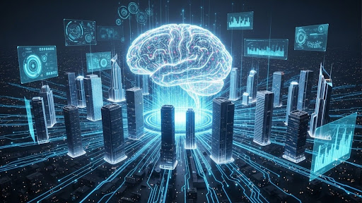 Uma visualização futurista de uma rede digital com um cérebro flutuante representando inteligência artificial, conectado a vários arranha-céus. O conceito de "Multisite" é ilustrado pelas conexões digitais entre as diferentes localizações, com fluxos de dados visíveis entre os prédios, destacando a inteligência distribuída que gerencia várias operações simultaneamente. Este tipo de rede permite uma gestão eficiente de vários sites com análises em tempo real.