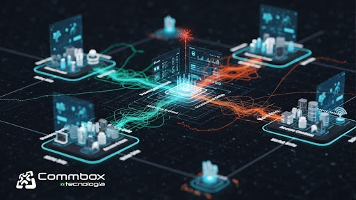 Visualização digital de uma infraestrutura de rede inteligente com várias cidades conectadas em um sistema de dados complexo. Gráficos e informações em tempo real se destacam no centro, criando uma rede interconectada que reflete a ideia de "Multisite" em tecnologia, onde várias localizações são monitoradas e gerenciadas simultaneamente. Este design moderno representa a gestão centralizada de múltiplos sites em um ambiente tecnológico dinâmico. O logotipo da "Commbox Tecnologia" está posicionado no canto inferior esquerdo.