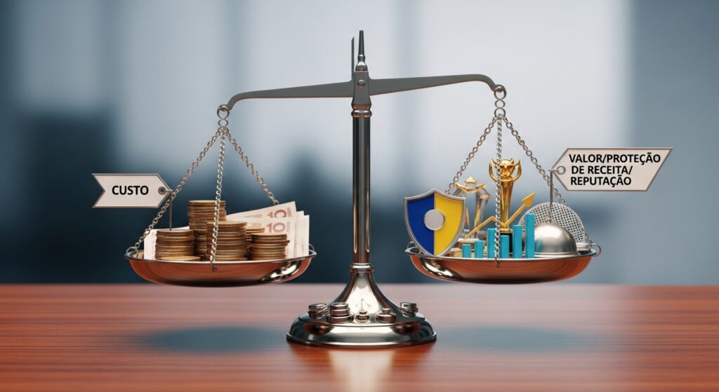 Balança com dois pratos metálicos sobre mesa de madeira. À esquerda, dinheiro empilhado com etiqueta “Custo”. À direita, escudo, gráficos e troféus representando “Valor/Proteção de Receita/Reputação”. Ambos os lados estão equilibrados.