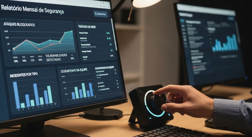 Tela de computador com painel intitulado “Relatório Mensal de Segurança”, exibindo gráficos de ataques bloqueados, vulnerabilidades detectadas, tráfego de rede, incidentes por tipo e desempenho da equipe. Pessoa opera dispositivo de controle sobre a mesa.