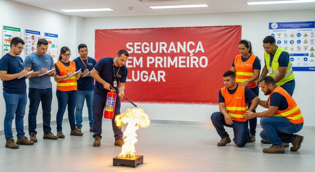 Treinamento de segurança contra incêndio com grupo de funcionários uniformizados em sala com cartazes e faixa vermelha na parede com o texto “Segurança em Primeiro Lugar”. Instrutor utiliza extintor de incêndio sobre uma chama simulada enquanto colegas observam e fazem anotações.