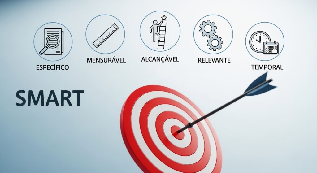Gráfico de alvo vermelho com flecha cravada no centro, ilustrando a metodologia SMART. Acima, cinco ícones com palavras: Específico (documento com lupa), Mensurável (régua), Alcançável (pessoa subindo escada), Relevante (engrenagens) e Temporal (relógio e calendário).