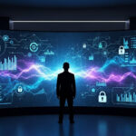 Silhueta de homem em frente a um grande painel digital curvo com gráficos, cadeados e dados visuais, transmitindo um ambiente de monitoramento ou centro de operações de segurança cibernética.