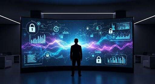 Silhueta de homem em frente a um grande painel digital curvo com gráficos, cadeados e dados visuais, transmitindo um ambiente de monitoramento ou centro de operações de segurança cibernética.