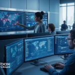 Sala de controle com vários operadores diante de monitores exibindo mapas, sistemas de vigilância e informações de segurança. Uma mulher aponta para tela grande com mapa e marcações vermelhas. Logotipo da Commbox Tecnologia no canto inferior esquerdo.