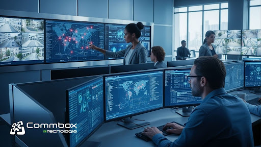 Sala de controle com vários operadores diante de monitores exibindo mapas, sistemas de vigilância e informações de segurança. Uma mulher aponta para tela grande com mapa e marcações vermelhas. Logotipo da Commbox Tecnologia no canto inferior esquerdo.