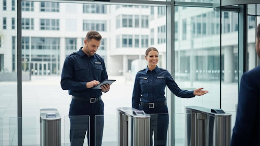 Dois profissionais de segurança em frente a catracas de acesso em prédio corporativo. Um deles segura um tablet enquanto a outra sorri e faz gesto indicando permissão de entrada a uma pessoa fora do quadro.