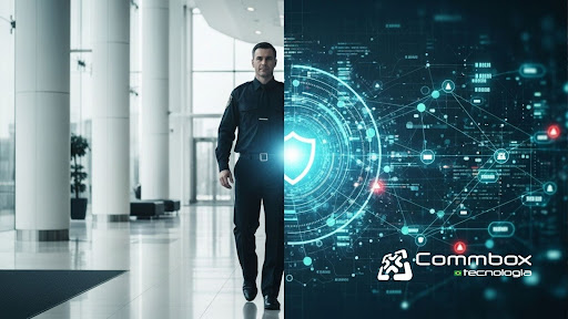 Imagem dividida ao meio: à esquerda, segurança uniformizado caminhando em saguão corporativo moderno; à direita, representação digital com rede de conexões, ícones de segurança e escudo central, indicando integração entre segurança física e cibernética. Logotipo da Commbox Tecnologia no canto inferior direito.