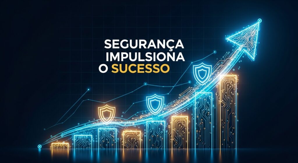 Gráfico em barras crescentes com circuitos eletrônicos e ícones de escudos, culminando em uma seta ascendente; ao centro, texto “SEGURANÇA IMPULSIONA O SUCESSO”, sugerindo que proteção tecnológica favorece o crescimento.