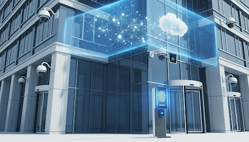Fachada de um edifício moderno com tecnologia avançada de segurança eletrônica, incluindo câmeras de segurança, um terminal de reconhecimento biométrico e uma interface digital flutuante conectada à nuvem. Este sistema de segurança eletrônica permite o controle de acessos e monitoramento em tempo real, ilustrando como soluções de segurança podem ser usadas para proteger múltiplos locais de maneira integrada e eficiente. A imagem destaca a proteção inteligente e a conectividade dos sistemas de segurança.