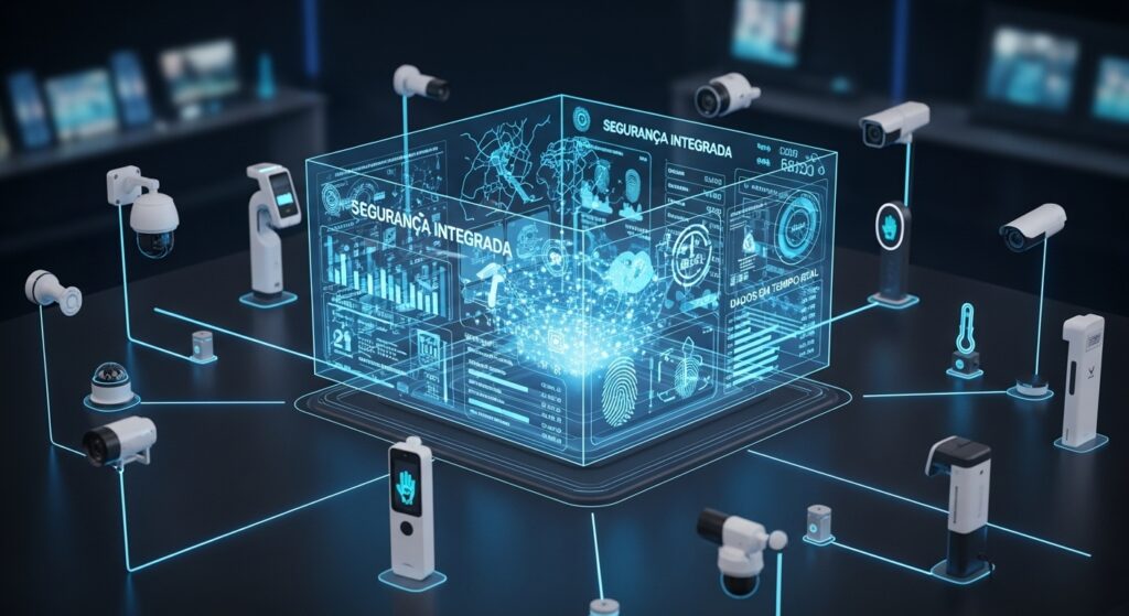 Painel holográfico com a frase “SEGURANÇA INTEGRADA” cercado por câmeras de segurança, leitores biométricos e sensores, simbolizando um sistema de monitoramento digital interconectado.