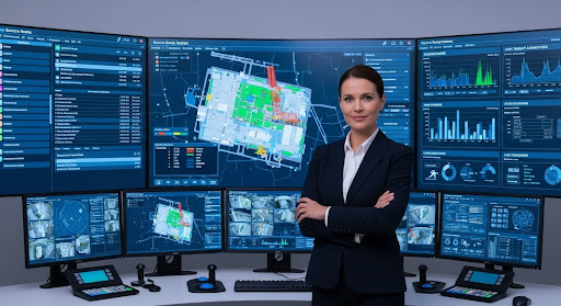 Mulher em traje executivo em um centro de controle com múltiplos monitores exibindo dados de segurança eletrônica. As telas mostram informações sobre câmeras de vigilância, gráficos de atividades suspeitas e dados operacionais, destacando a importância de um sistema centralizado para monitorar e gerenciar a segurança de grandes instalações e múltiplos sites. A imagem transmite a ideia de um controle eficiente e seguro, com dados em tempo real.
