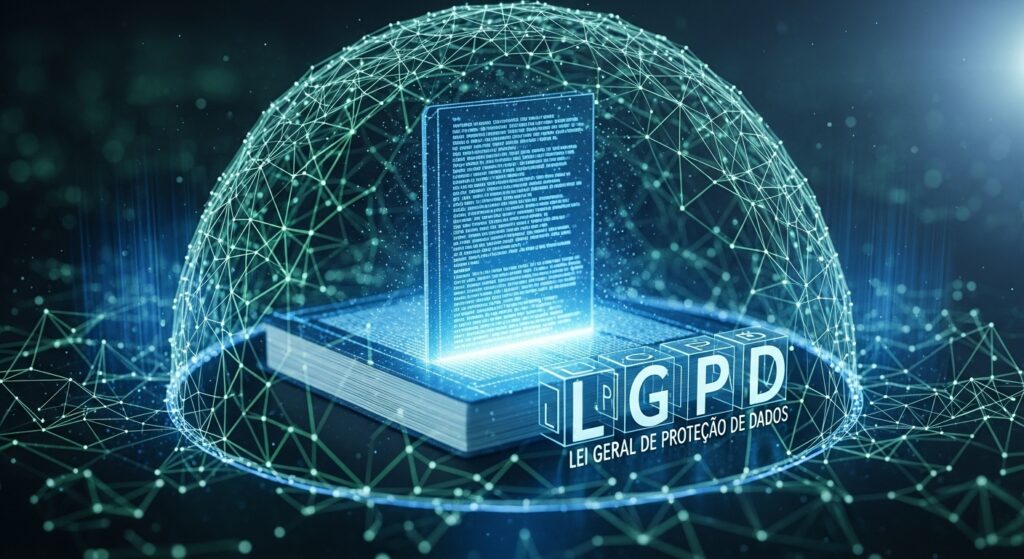Representação digital da Lei Geral de Proteção de Dados (LGPD) com livro cercado por uma cúpula de rede virtual, simulando proteção de informações em ambiente tecnológico.