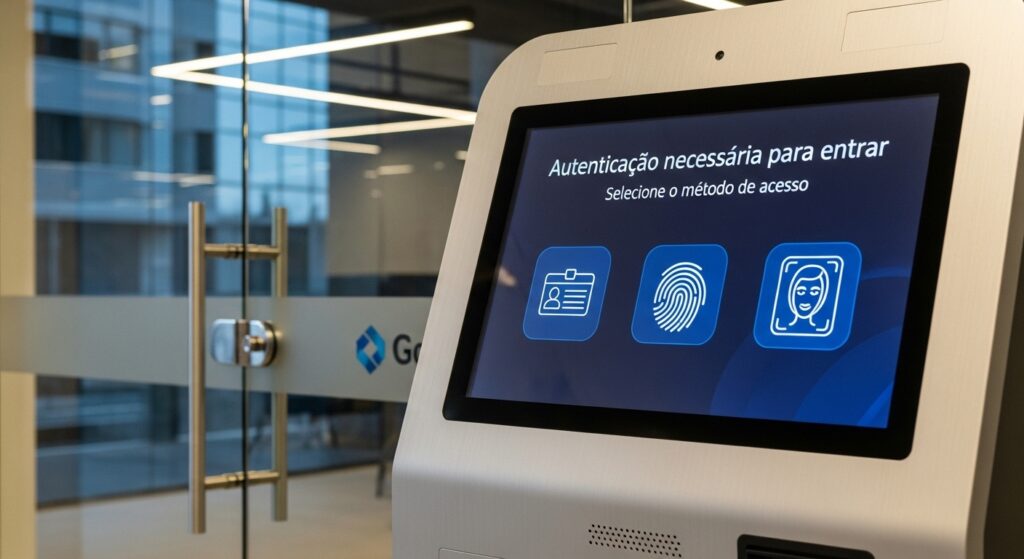 Totem eletrônico em frente a uma porta de vidro, exibindo na tela a mensagem “Autenticação necessária para entrar – Selecione o método de acesso”, com ícones de crachá, impressão digital e reconhecimento facial.