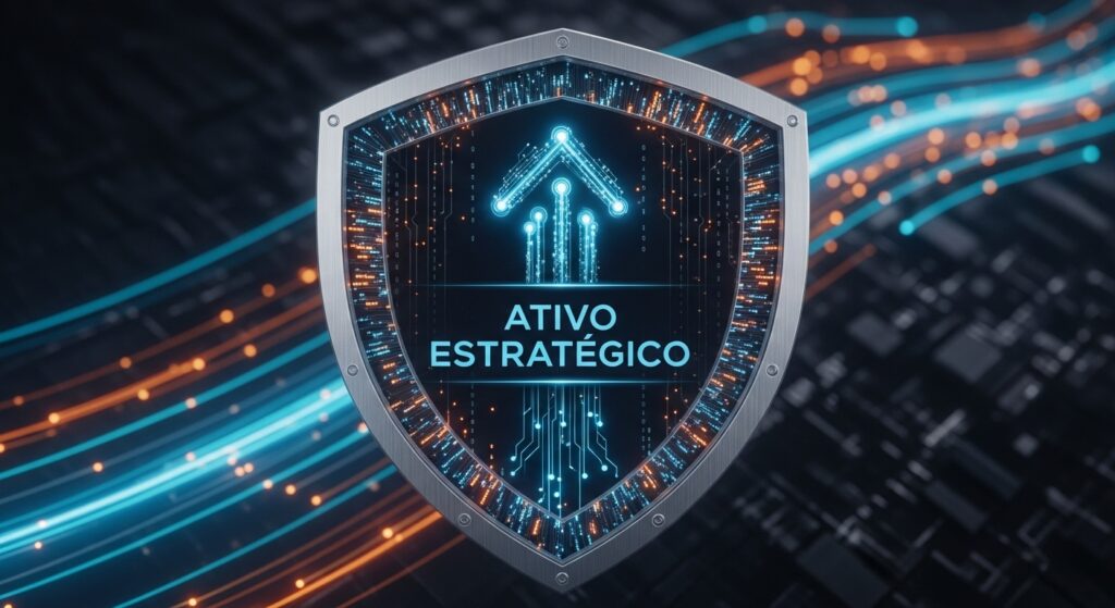 Ilustração de escudo metálico com circuitos digitais e uma seta apontando para cima, com os dizeres “ATIVO ESTRATÉGICO” ao centro, representando segurança e tecnologia.