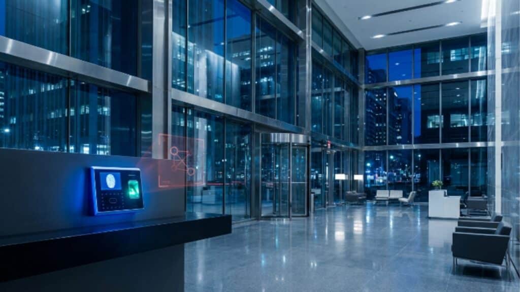 Recepção de prédio corporativo de luxo à noite com sistema de controle de acesso biométrico em destaque no balcão e arquitetura de vidro ao fundo.