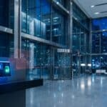 Recepção de prédio corporativo de luxo à noite com sistema de controle de acesso biométrico em destaque no balcão e arquitetura de vidro ao fundo.