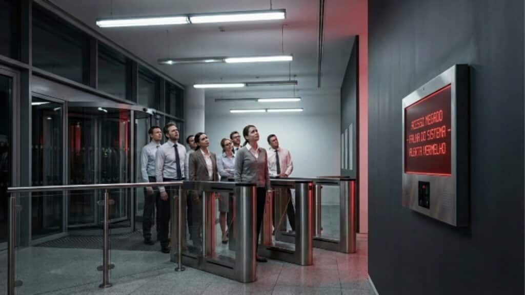 Grupo de funcionários em frente a uma catraca eletrônica olhando para monitor com alerta vermelho de "Acesso Negado - Falha do Sistema".