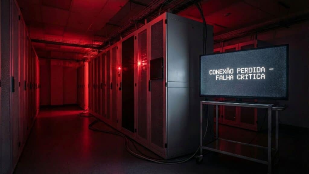 Sala de servidores de TI iluminada por luzes vermelhas de emergência com tela exibindo mensagem de "Conexão Perdida - Falha Crítica".