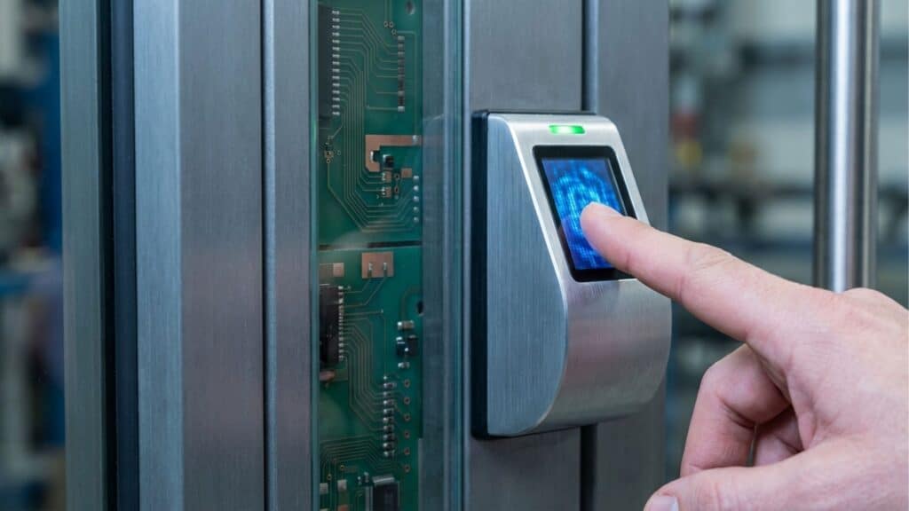 Close de dedo humano realizando leitura de impressão digital em sensor biométrico moderno com interface azul e circuitos eletrônicos visíveis.