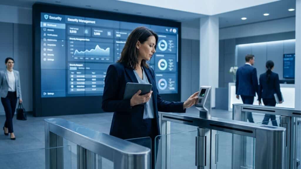 Executiva utiliza tablet e leitor digital em catraca de segurança à frente de um grande painel de vídeo com dashboards de monitoramento corporativo.