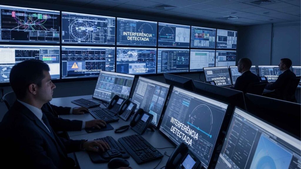 Central de monitoramento de risco com operadores analisando múltiplos monitores de alta tecnologia exibindo o alerta Intercorrência Detectada em sistema de segurança logística.
