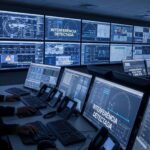 Central de monitoramento de risco com operadores analisando múltiplos monitores de alta tecnologia exibindo o alerta Intercorrência Detectada em sistema de segurança logística.